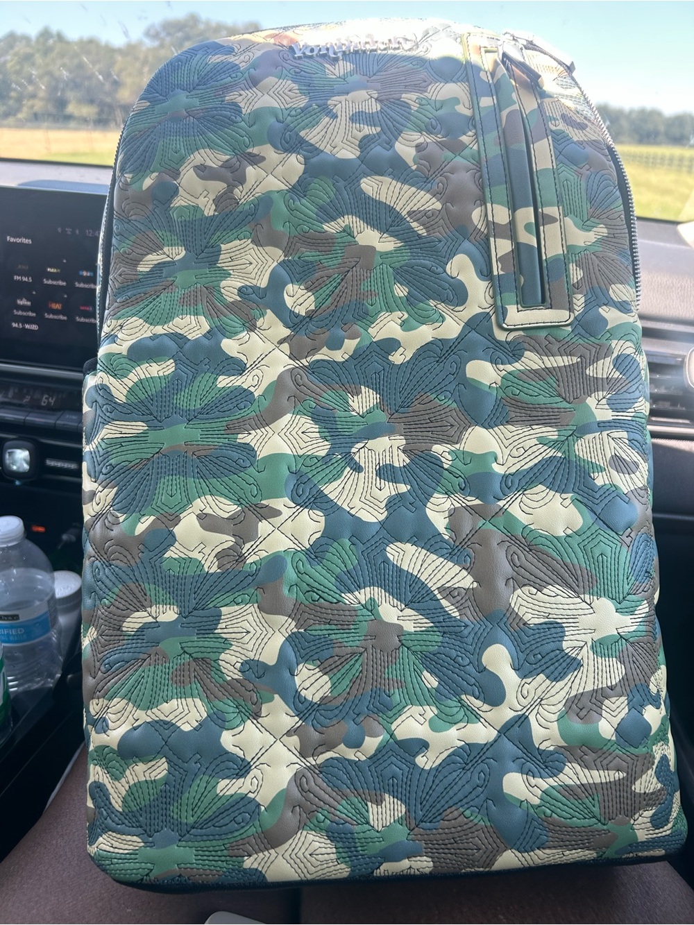 Von Dutch Quilted Camo Backpack in Green, Cream, and Brown